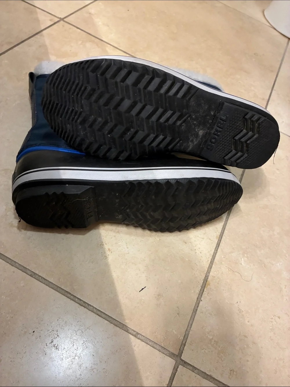 Sorel Black/Blue Yoot PAC Nylon Winter Boots White Fleece Cuff Sz 7